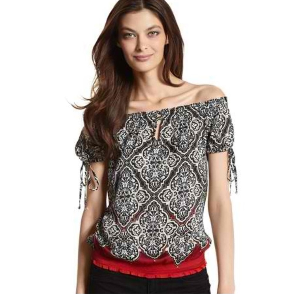 White House Black Market Off-Shoulder Paisley Peasant Top Black White Red Size S